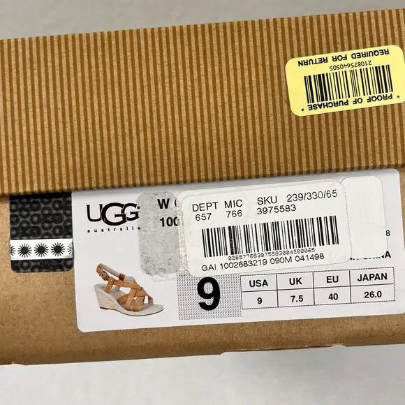 NIB Ugg Wedge High Heel Strappy Sandals Size 9 Brown Leather‎ - Picture 16 of 16